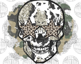 May include: A skull design with star-shaped leopard print sunglasses. The skull has a cow print pattern on top and a camouflage background. The text "THE DESIGN BARN PRINT CO." is visible around the edges.