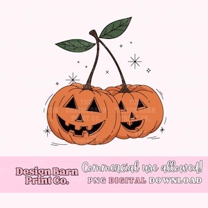 K&ouml;nnte beinhalten: Zwei orangefarbene K&uuml;rbisse mit Jack-o'-Lantern-Gesichtern sind an einem gr&uuml;nen Stiel befestigt, der an eine Kirsche erinnert. Die K&uuml;rbisse sind schwarz umrandet und haben einen wei&szlig;en Hintergrund.