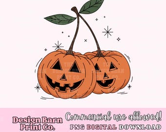 Pumpkin Cherries Png, Retro Pumpkin Png, Vintage Halloween Png, Jack-O-Lantern Png, Cute Pumpkin Design, Halloween Pumpkin Design