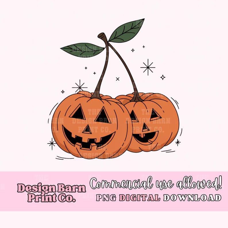 K&ouml;nnte beinhalten: Zwei orangefarbene K&uuml;rbisse mit Jack-o'-Lantern-Gesichtern sind an einem gr&uuml;nen Stiel befestigt, der an eine Kirsche erinnert. Die K&uuml;rbisse sind schwarz umrandet und haben einen wei&szlig;en Hintergrund.
