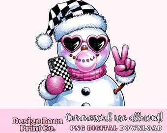 Bubblegum Snowman Png, Retro Christmas Png, Girly Christmas Png, Checkered Christmas Png, Christmas Design, Selfie Snowman Png,Holiday Vibes