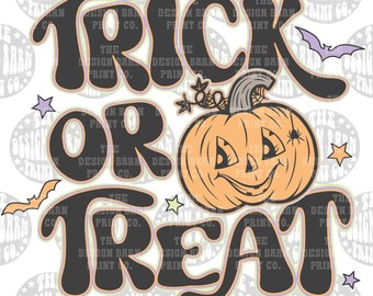 May include: A Halloween-themed graphic design with the text "Trick or Treat" in a retro style. The text is in black with a light orange outline. A cartoon jack-o'-lantern with a friendly face is in the center of the design. The background is white with small stars and bats.