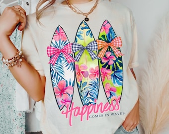 Happiness Comes In Waves Png, Summer Png, Coquette Summer Png, Surfboards Png, Beach Png, Coastal Png, Summer Vibes Png, Vintage Summer Png