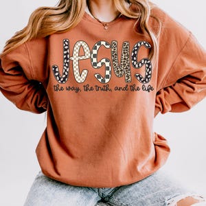 May include: Rust-colored sweatshirt with the word "JESUS" in a mix of patterns, including checkered and leopard print. Below the word is the phrase "the way, the truth, and the life". The sweatshirt is a casual style.