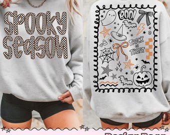 May include: Light gray sweatshirt with "Spooky Season" text on the front and Halloween-themed graphics on the back. The front text is in a checkered pattern. The back features a ghost, witch hat, spiderwebs, and a jack-o'-lantern. "Digital download" and "Design Barn Print Co." are printed at the bottom.