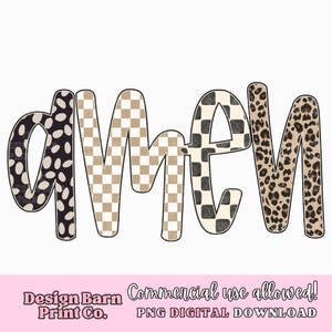 Op de afbeelding: Een digitaal ontwerp van het woord "MOM" in een gelaagd lettertype. De letters zijn versierd met stippen, geblokte en luipaardprint patronen. Het ontwerp bevat de tekst "Design Barn Print Co." en "Commercial use allowed!" voor digitaal gebruik.