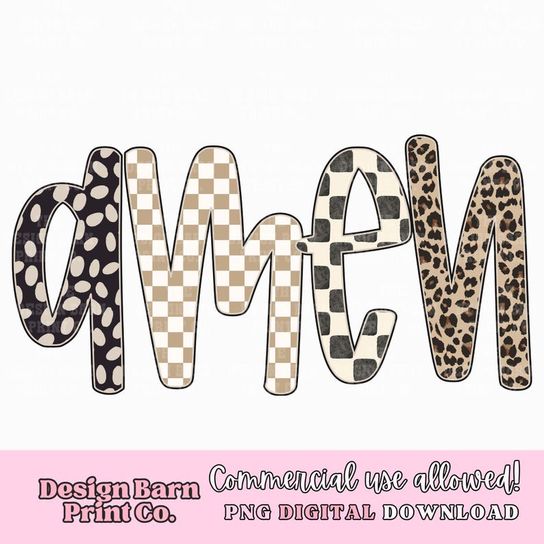 Op de afbeelding: Een digitaal ontwerp van het woord "MOM" in een gelaagd lettertype. De letters zijn versierd met stippen, geblokte en luipaardprint patronen. Het ontwerp bevat de tekst "Design Barn Print Co." en "Commercial use allowed!" voor digitaal gebruik.