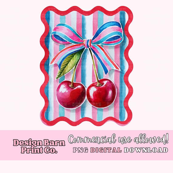 Coquette Cherries Png, America Cherries Design, Fourth Of July Png, Summer Png, Trendy Png, Fruit Design, Retro Png, Vintage Png, Bow Png