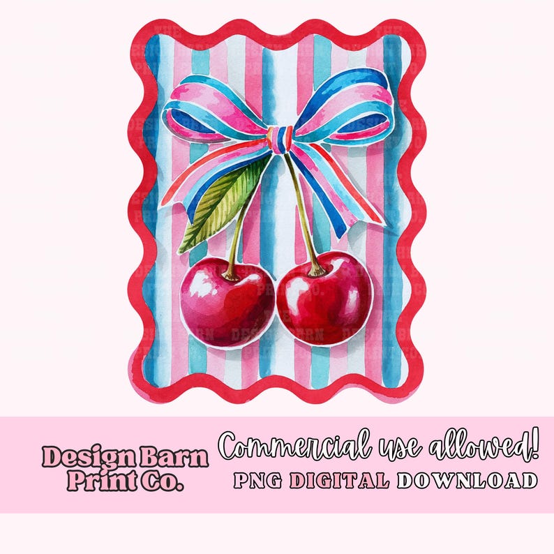 May include: Two red cherries with green stems and leaves, tied together with a blue and pink ribbon bow. The cherries are on a pink and blue striped background with a red scalloped border.