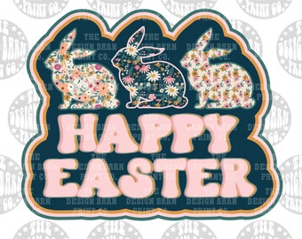 May include: A dark blue background with a pink and white floral design. Three white bunnies with floral patterns are arranged in a row. The text "Happy Easter" is in pink letters with a retro font.