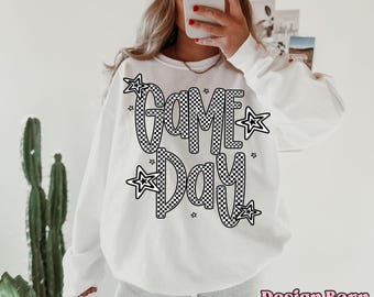 Rutigt tryck med matchdag i PNG-format, digital nedladdning av svartvita rutiga sportdesigner