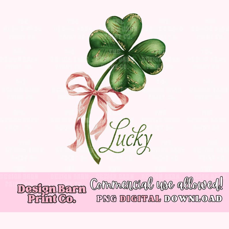Op de afbeelding: Een groene klaver met vier blaadjes met een roze lint om de stengel. Het woord "Lucky" staat in cursief onder de klaver.