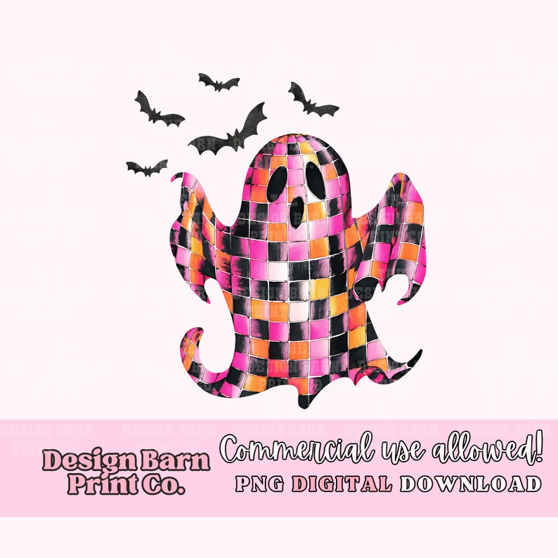 May include: A pink, black, and orange checkered ghost with a white outline. The ghost is surrounded by black bats on a white background. The text "Commercial use allowed! PNG DIGITAL DOWNLOAD" is at the bottom of the image.