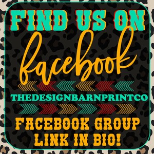 Pode incluir: Um fundo de estampa de leopardo preto e marrom com o texto "FIND US ON facebook" em turquesa e laranja. Abaixo do texto h&aacute; uma fileira de flechas turquesa, vermelhas e amarelas apontando para a esquerda. Abaixo das flechas est&aacute; o texto "THEDESIGNBARNPRINTCO" em turquesa. Abaixo do texto h&aacute; outra fileira de flechas turquesa, vermelhas e amarelas apontando para a esquerda. Abaixo das flechas est&aacute; o texto "FACEBOOK GROUP LINK IN BIO!" em laranja.