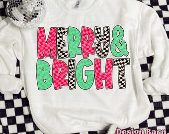 Merry and Bright Png, Retro Christmas Png, Merry Png, Checkered Letters Png, Cute Colorful Christmas Png Design, Trending Png, Holiday Vibes