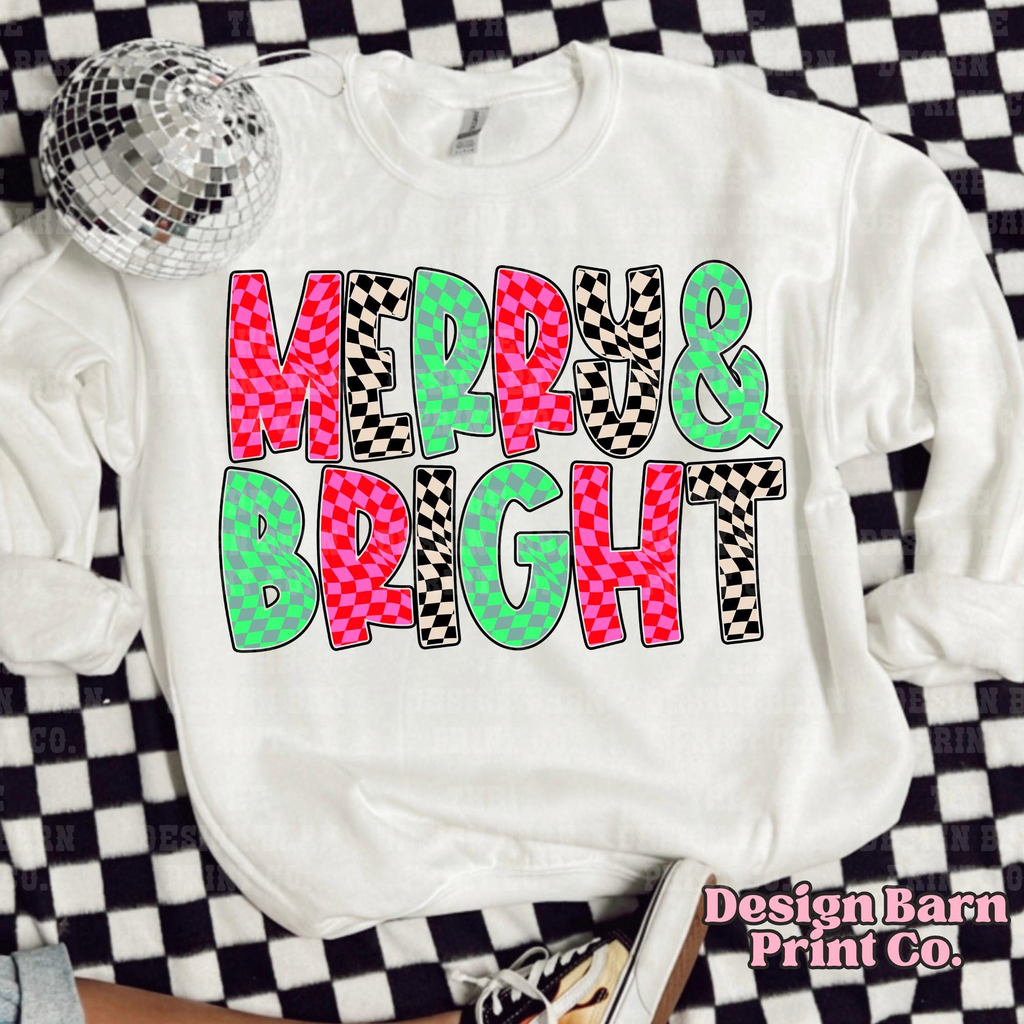 Merry and Bright Png, Retro Christmas Png, Merry Png, Checkered Letters Png, Cute Colorful Christmas Png Design, Trending Png, Holiday Vibes