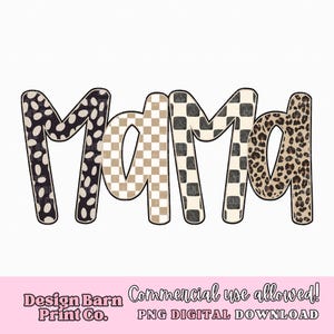 K&ouml;nnte beinhalten: Das Wort "MAMA" in einer dekorativen Schriftart. Jeder Buchstabe hat ein anderes Muster: schwarz-wei&szlig;e Punkte, beige und wei&szlig; kariert, schwarz und wei&szlig; kariert und Leopardenmuster. Das Design befindet sich auf wei&szlig;em Hintergrund.