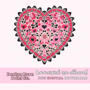 K&ouml;nnte beinhalten: Ein herzf&ouml;rmiges Design mit einem floralen Muster in Rosa-, Rot- und Schwarzt&ouml;nen. Das Design zeigt Blumen, Herzen und Bl&auml;tter mit einem geschwungenen schwarzen Rand. Der Text "Design Barn Print Co." und "Commercial use allowed! PNG DIGITAL DOWNLOAD" befindet sich unten.