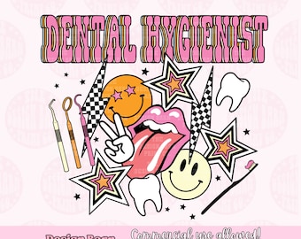 Może przedstawiać: Cyfrowy plik do pobrania z grafiką przedstawiającą napis "DENTAL HYGIENIST" w różowych i czarnych literach w stylu retro z lat 70. Grafika zawiera różnorodne kolorowe elementy, w tym uśmiechniętą buźkę, wystający język, ząb, szczoteczkę do zębów i gwiazdki.