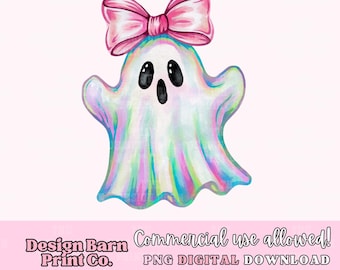 May include: A white ghost with a pink bow on its head. The ghost has a rainbow iridescent sheen and black eyes.