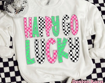 Happy Go Lucky Png, St Patricks Day Png, Lucky Png, Checkered Letters Png, Shamrock Png, St Pattys Design, Retro St Patricks Png, Trendy Png