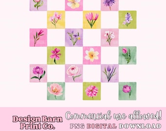 PNG de flores da primavera, desenho floral em aquarela, PNG de flor xadrez, PNG de verão, PNG moderno, PNG retrô, PNG vintage, PNG de margaridas