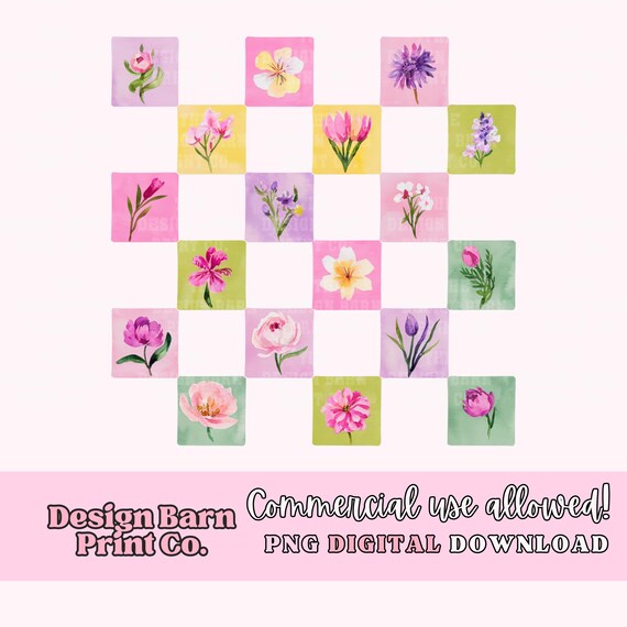 Spring Flowers Png, Watercolor Floral Design, Checkered Flower Png, Summer Png, Trendy Png, Retro Png, Vintage Png, Daisy Flowers Png