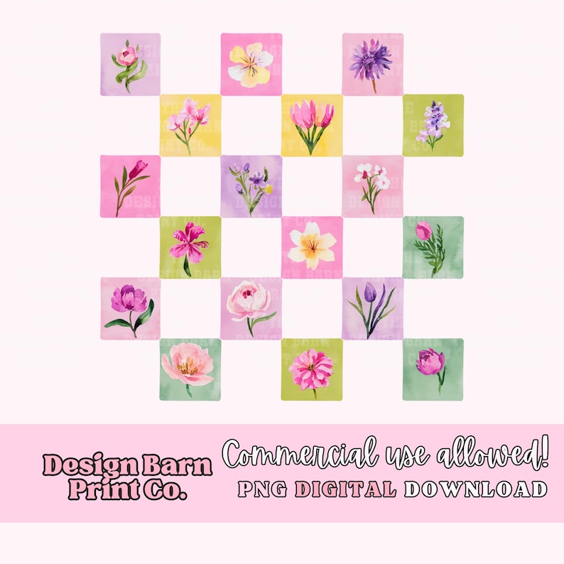 May include: A grid of watercolor floral illustrations on pink, yellow, and green squares. The image includes a variety of flowers in shades of pink, purple, and white. Text at the bottom reads "Design Barn Print Co." and "Commercial use allowed! PNG DIGITAL DOWNLOAD."