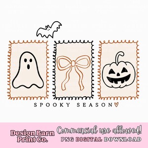 May include: A digital design featuring a bat, a ghost, a bow, and a jack-o'-lantern. The words "Spooky Season" are below the images. The design is in black and brown on a cream background.