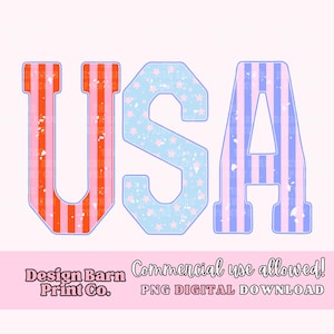 May include: USA spelled out in large, colorful letters. The letters are decorated with red and white stripes, blue and white stars, and a distressed, vintage look. The letters are on a white background.