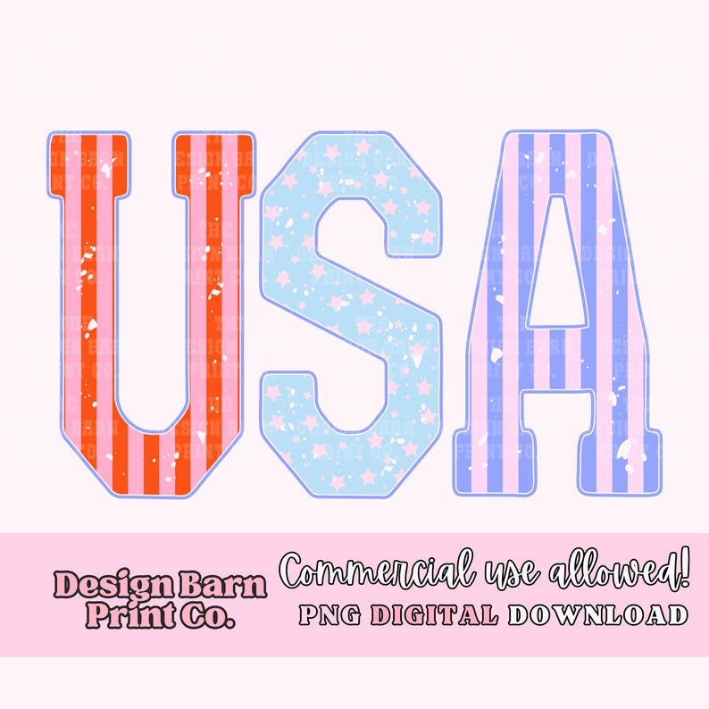 May include: USA spelled out in large, colorful letters. The letters are decorated with red and white stripes, blue and white stars, and a distressed, vintage look. The letters are on a white background.