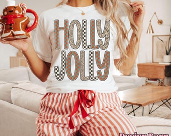 Holly Jolly PNG Santa Checkered Print Word Art Christmas Sublimation Cute Holiday Shirt Design Retro Christmas PNG Christmas  Holiday Png
