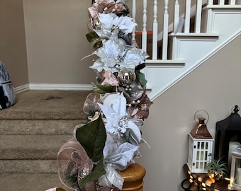 6’ Christmas mantle garland, winter elegant garland, rose gold, silver and white garland, Christmas staircase garland