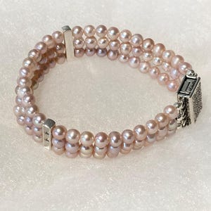 Three strand natural color freshwater pearl bracelet pink pearl bracelet 3 strand pearl cuff bracelet pink natural freshwater pearl cuff