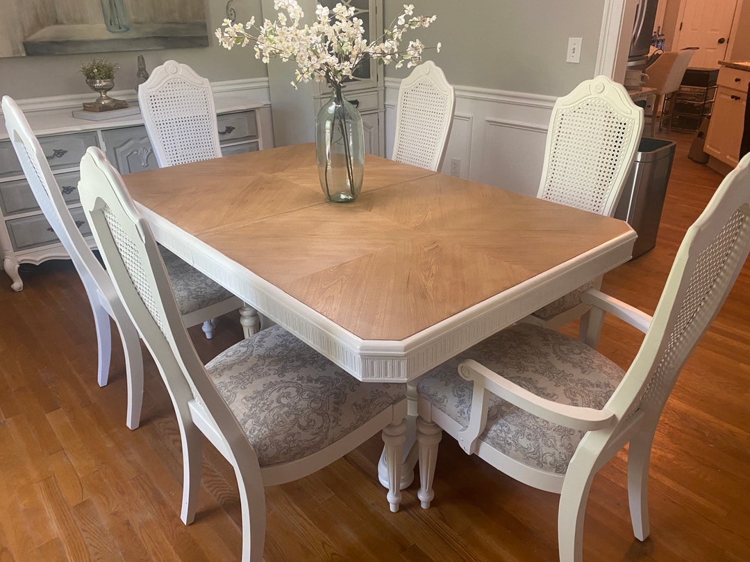 French Country, Solid Wood Dining Set With Six Cane/rattan Back Chairs