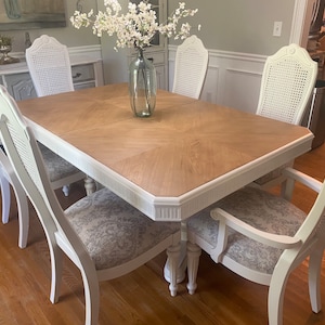 French Country, Solid Wood Dining Set with six cane/rattan back chairs