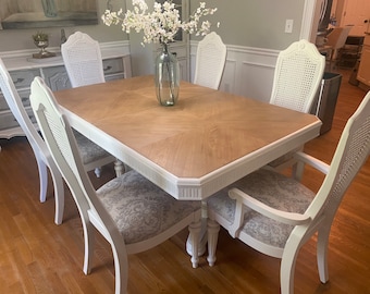 French Country, Solid Wood Dining Set with six cane/rattan back chairs