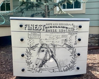 painted chest of drawers, refinished chest of drawers, refinished furniture, distressed furniture, furniture transfers, horse transfer