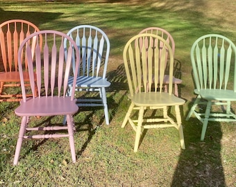 Set of 6 Wood Chairs, painted dining chairs, boho dining chairs, custom painted chairs, upcycled chairs, wood  chairs, painted chairs