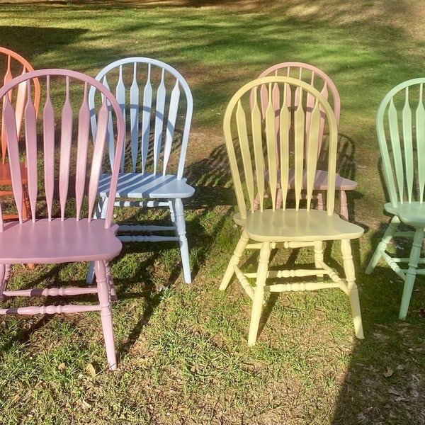 Set of 6 Wood Chairs, painted dining chairs, boho dining chairs, custom painted chairs, upcycled chairs, boho chairs