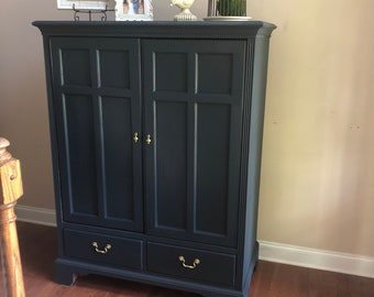 Navy entertainment unit, navy armoire, painted cottage, cottage armoire, country armoire, farmhouse armoire, painted TV center, blue armoire