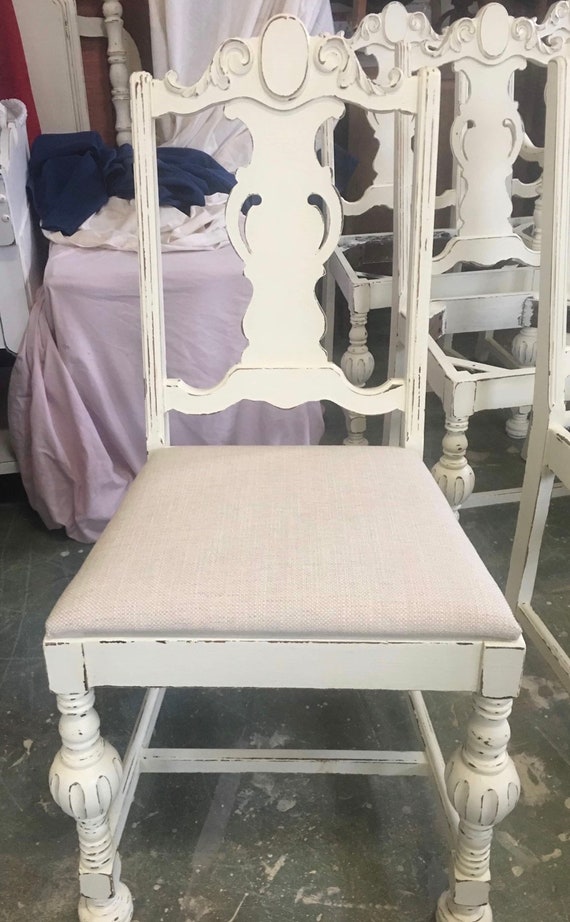 Distressed antique online white dining chairs