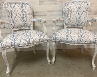 Pair of Solid Wood, Painted, Professionally Upholstered Accent Chairs, Dining Chairs