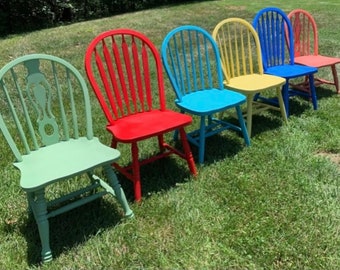 Mixed set of painted farm style kitchen chairs, farmhouse dining, shabby chic chairs, painted chairs, upcycled dining