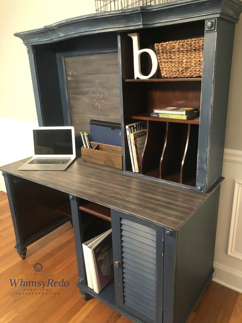 Sold Stunning Navy Blue Solid Wood Desk W Hutch Matching Etsy