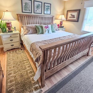 custom refinished king head and footboard, stripped and stained king, natural oak king bed, slatted wood bed with rails, repurposed bed wood