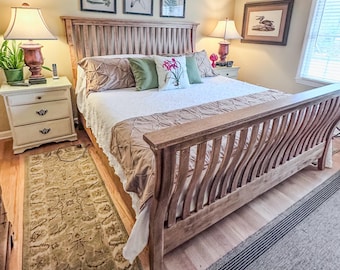 custom refinished king head and footboard, stripped and stained king, natural oak king bed, slatted wood bed with rails, repurposed bed wood