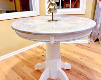 Round dining table, white pedestal table, custom painted kitchen table, refinished furniture, unique furniture, one-of-a-kind furnishings