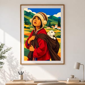 May include: A framed wall art print depicting a person wearing a red coat and a patterned knit hat with pom-poms, carrying a small white puppy in a brown fabric sling. The background shows a landscape with green hills, mountains, and a village.