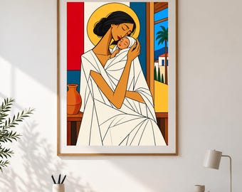 May include: A framed wall art print featuring a stylized illustration of a person with dark hair holding a baby. The figure wears a white garment with geometric lines. The background includes a yellow halo, red and blue panels, and a palm tree.
